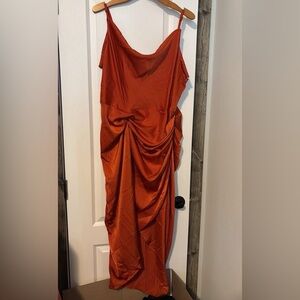 Rust Satin Midi Slip Dress with Draped pickup Detail - Women's 3x